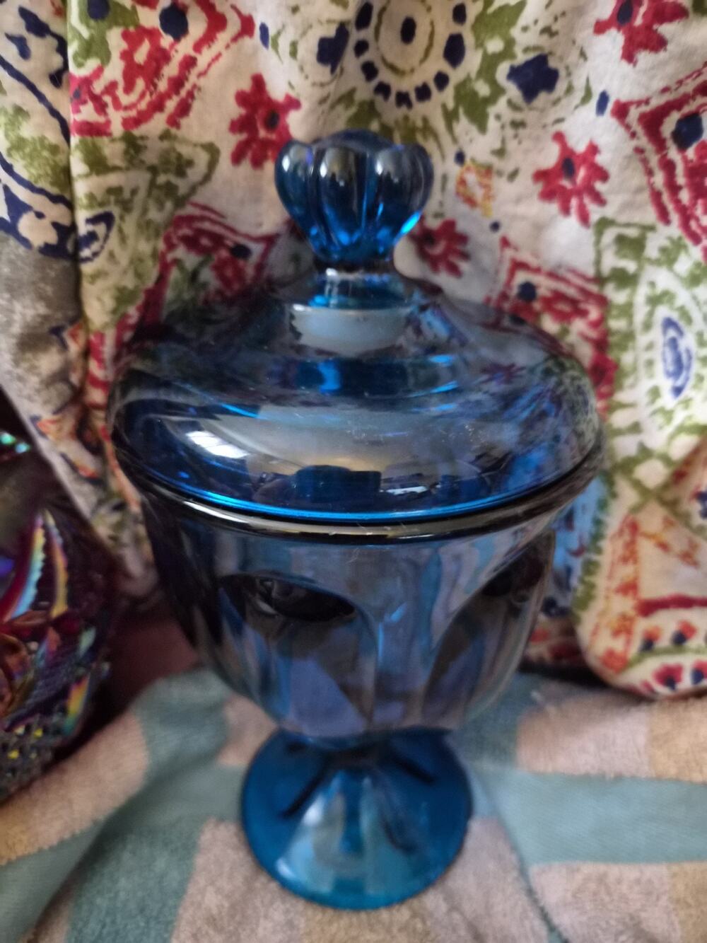 VTG Viking 6 Petal Bluenique Candy Dish 1960's With Matching Lid And Pedestal